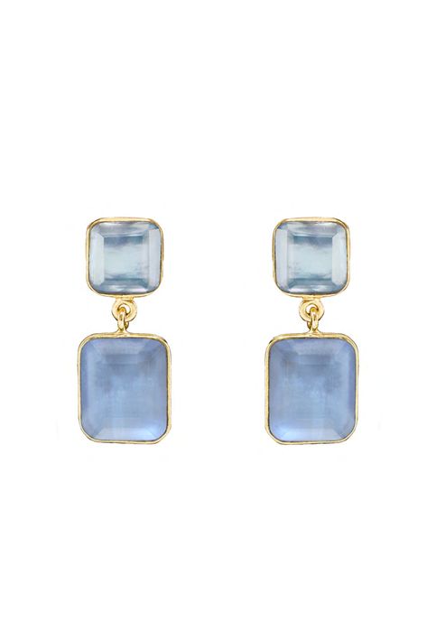 -18k gold plated delicate two-tone rectangular earrings - Measures 1" -Handmade in Brazil -Please note that our brand uses natural semi-precious stones--each piece has a unique texture, shine, and color Colorful Accessories Outfit, Colorful Wedding Earrings, Blue Stone Earrings, Colorful Wedding Jewelry, Earrings Colorful, Gold Drop Earrings With Stones, Whimsy Jewelry, Timeless Gold Gemstone Earrings, Precious Stones Jewelry