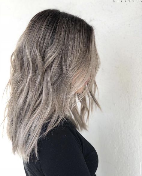 Dark Ash Blonde Lowlights, Medium Length Haircut Ash Blonde, Ashy Blonde Shoulder Length Hair, Ash Blonde Foils On Brown Hair, Balayage Hair Mushroom Blonde, Solid Hair Color Ideas Blondes, Icy Mushroom Blonde Hair, Ashy Blonde Dimensional Hair, Very Light Ash Brown Hair