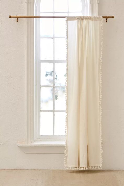 Palma Fringe Light Blocking Window Curtain | Urban Outfitters Sheer Cafe Curtains, Single Panel Curtain, Fringe Light, Urban Outfitters Curtains, Pool Bathroom, Crystal Door Knobs, Tension Rod, Cafe Curtains, Curtain Patterns