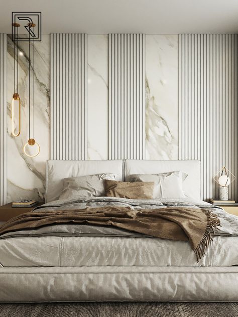 Elegant Bedroom Design with Wall panelling and marble Marble Wall Bedroom Interior Design, Bedroom Back Panel Design Modern, Bedroom With Marble Wall, Marble Headboard Bedroom, Modern Bedroom Marble, Marble Bed Back, Wallpanelling Bedroom, Marble Wall Design Luxury, Luxury Bedroom Design Elegant