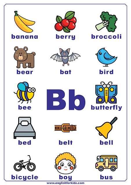 Printable Alphabet Posters for Every Letter. English ABC posters for classroom decoration. Letter B. #ESL Alphabet Posters For Classroom, English Abc, B Alphabet, Letter B Worksheets, Abc Phonics, Word Family Worksheets, Alphabet Worksheets Kindergarten, Learn Vocabulary, Alphabet Words