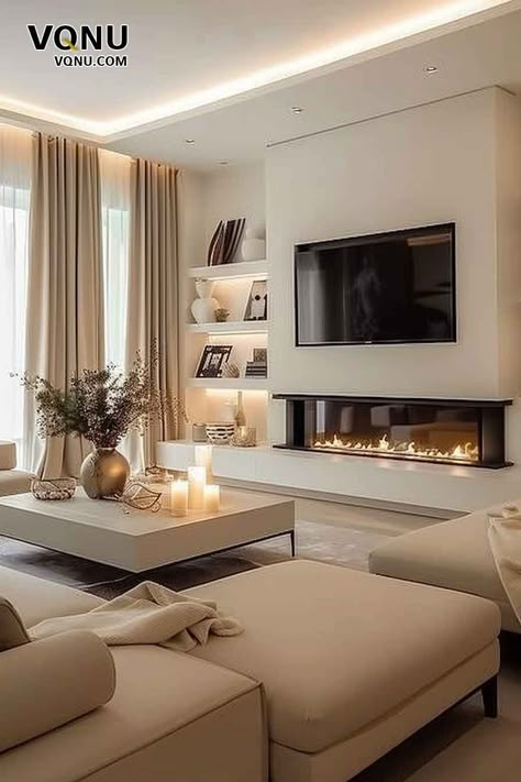 Modern Basement Living Room Ideas, Elegant Living Room With Tv, Luxury Small Living Room Ideas, Open Plan Living Room Decor, Living Room With Modern Fireplace, Cozy But Modern Living Room, My Dream Living Room, Cozy Lounge Ideas, Dream Living Room Cozy Modern