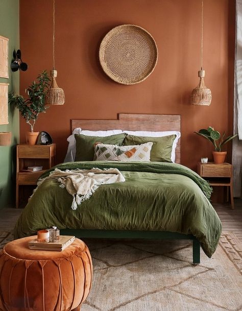 Olive Green Accent Wall with Terracotta Bedside Tables Grey Green Orange Bedroom, Olive Green Wall Bedroom Ideas, Green And Terracotta Color Scheme Bedroom, Clay Wall Bedroom, Orange Brown And Green Bedroom, Olive Green And Orange Bedroom, Bedroom Decor Terracotta, Orange And Sage Bedroom, Dark Green Terracotta Bedroom