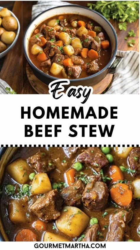 This cozy, hearty homemade beef stew is packed with tender beef, flavorful vegetables, and rich, savory broth. Perfect for chilly evenings, this one-pot meal is easy to make and will fill your home with comforting aromas. Get inspired in the kitchen – grab the recipe now #homemadestew #beefstewrecipe #easydinnerideas #comfortfood #fallrecipes #onepotmeals #beefrecipe #heartymeals #stew Beef Stew Over Biscuits, Easy Homemade Beef Stew, Beef Carrots And Potatoes, Gluten Free Beef Stew, Stewing Beef, Homemade Beef Stew Recipes, Beef Vegetable Stew, Beef Stew Recipes, Baked Meatballs