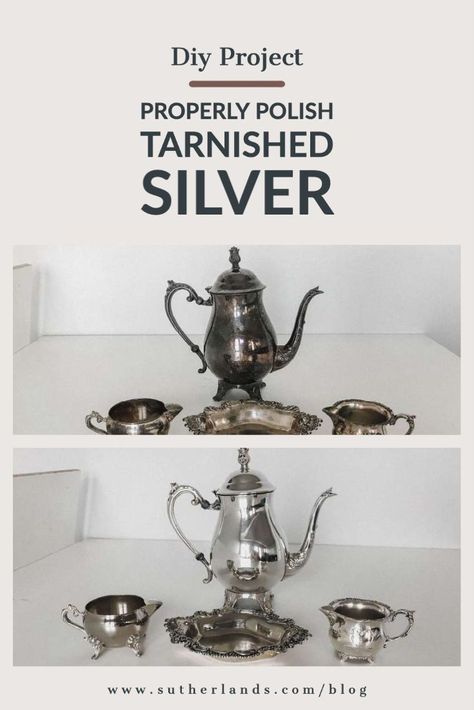 This week, we did our blog on refurbishing old silver. You can find tons of beautiful silver pieces at thrift stores, that just need some TLC to be as good as new! Here are all the items we got to make this project possible. Decorating With Old Silver Pieces, Display Silver Pieces, Silver Tea Pot Repurposed, Decorating With Silver Pieces, Cute Halloween Decor, Silver Display, Holiday Diy Projects, Silver Tea Set, Cool Hacks