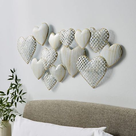 Wall Above Stairs Decor, Wall Above Stairs, Above Stairs Decor, Glamour Decor, Outdoor Metal Wall Art, Stair Decor, Hanging Design, Heart Wall Art, White Hearts