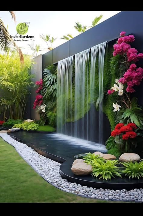 Cascade Waterfall Garden, Garden Wall Water Feature, Waterfall Wall Outdoor Landscape Design, Wall Waterfall Outdoor, Wall Fountain Ideas, Water Fountain Wall, Wall Fountain Outdoor, Corner Fountain, Moderne Have