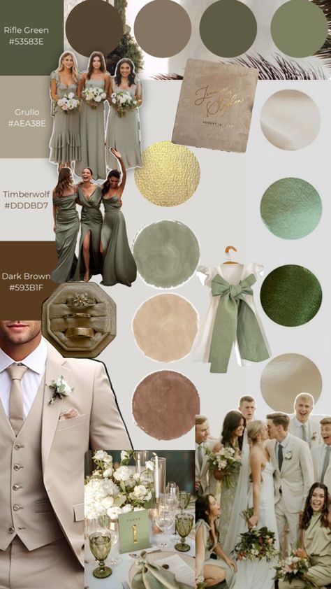 Champagne Wedding Colors Scheme, Green Brown Wedding, Brown Wedding Themes, Green Fall Weddings, Green Gold Weddings, Wedding Theme Color Schemes, Champagne Wedding Colors, Winter Wedding Color Palette, Taupe Wedding