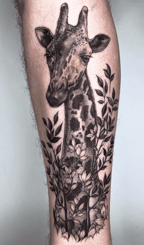 Leg Sleeve Tattoo Animals, Monkey Leg Tattoo, Giraffe Sleeve Tattoo, Giraffe Back Tattoo, Ladies Leg Sleeve Tattoo, Floral Giraffe Tattoo, Animal Shin Tattoo, Giraffe Leg Tattoo, Jungle Animals Tattoo