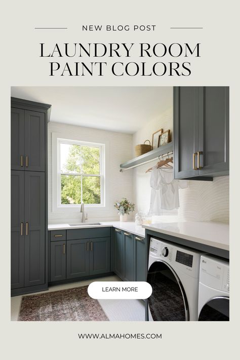 If there’s one thing that can make stepping into the laundry room better, it’s being greeted by a lovely paint color to make the act of doing laundry – enjoyable (if that’s even possible). Check out our favorite. Paint Colors For Laundry Room Cabinets, Dark Walls Laundry Room, Laundry Room Cabinet Paint Colors, Moody Laundry Room Paint Colors, Laundry Room Paint Colors Sherwin Williams, Maroon Laundry Room, Popular Laundry Room Paint Colors, Laundry Room Paint Ideas Color Palettes, Farmhouse Laundry Room Paint Colors