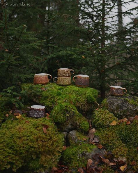 Six ceramic mugs standing on mossy rocks, with fallen autumn leaves and spruce trees in the background. Forest Ceramics, Green Mossy Aesthetic, Forest Inspired Ceramics, Nature Inspired Ceramic Mugs, Mossy Rocks, Story Concepts, Forest Mug, Goblincore Aesthetic, Dark Naturalism