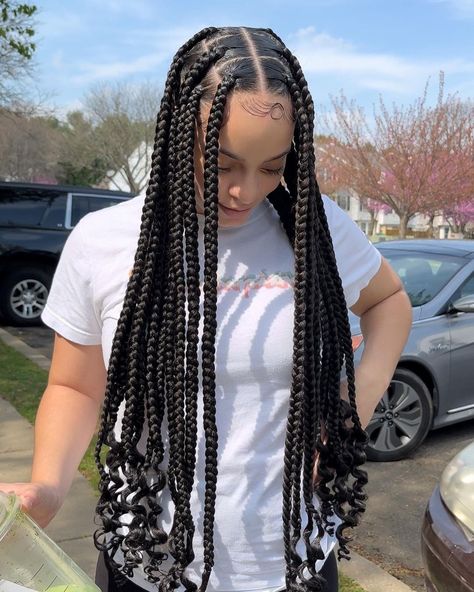 Knotless Jumbo Box Braids Big Size Box Braids, Cute Big Box Braids Hairstyles, Huge Braids Black Women, Jumbo Box Braid Parting, Curly Jumbo Box Braids, Large Box Braids Medium Length, Six Jumbo Box Braids, Box Braids Jumbo Long, Xl Knotless Braids With Curls