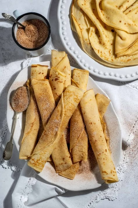 Traditional South African Pancakes Recipe (Pannekoek) African Pancakes, Cinnamon Sugar Pancakes, Quick Dessert Recipes, South African Food, Quick Dessert, Make Breakfast, Homemade Pancakes, South African Recipes, African Recipes