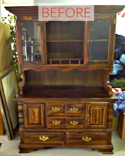 8 Hutch Makeovers We Can't Stop Looking At | Hometalk China Cabinet Makeover Farmhouse, Chalk Paint Hutch, Refurbished Hutch, Hutch Makeover Diy, Distressed Hutch, Hutch Redo, China Hutch Makeover, Ochre Color, Vintage Hutch