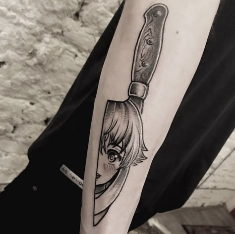 Yuno Tattoo, Future Diary Tattoo, Yuno Gasai Tattoo, Danganronpa Tattoo, Dark Angel Tattoo, Y2k Tattoo, Creepy Cute Aesthetic, Gasai Yuno, Knife Tattoo