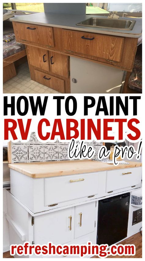 How to Paint RV Cabinets to Last (Easy DIY Guide) - Refresh Camping How To Paint Camper Cabinets, How To Paint Rv Cabinets, Best Paint For Rv Cabinets, Painting Trailer Cabinets, Redo Rv Rv Interior, Camper Cupboards Remodel, Trailer Cabinet Makeover, Painted Camper Cabinets, Camper Cabinets Painting