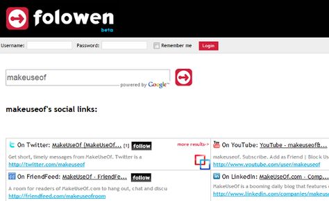 Folowen is a social media search tool that aggregates social profiles of people and organization's on several social media sites into one search result    It simply makes it easy for you to follow a person or organization's social web; be it a Facebook profile, page, group, a Twitter account, a LinkedIn profile, a YouTube channel...etc.    Currently, Folowen uses Google AJAX Search API to find user profiles in 19 social media sites. How To See Private Instagram Account, Free People Search Engines, Facebook Hacking Format, Facebook Hack, Find People Online, Cheap People, Social Link, Social Web, Search People