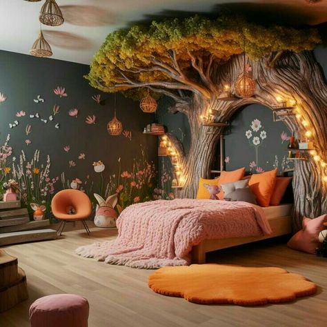 Forest Fairy Bedroom, Girls Forest Bedroom, Enchanted Forest Kids Room, Boho Modern Nursery, Unicorn Bedroom Ideas, Magical Kids Room, Forest Themes, Rainbow Bookshelf, Children's Room Design