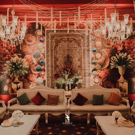 Royal Theme decor done for a Sangeet night inspired by Sabyasachi's aesthetics Red Theme Sangeet Decor, Sabyasachi Wedding Decor, Sabyasachi Theme Decor, Sufi Theme Decor, Sabyasachi Aesthetic, Sabyasachi Decor, Sufi Night Decor, Cowboy Wedding Theme, Mehndi Outfit Ideas