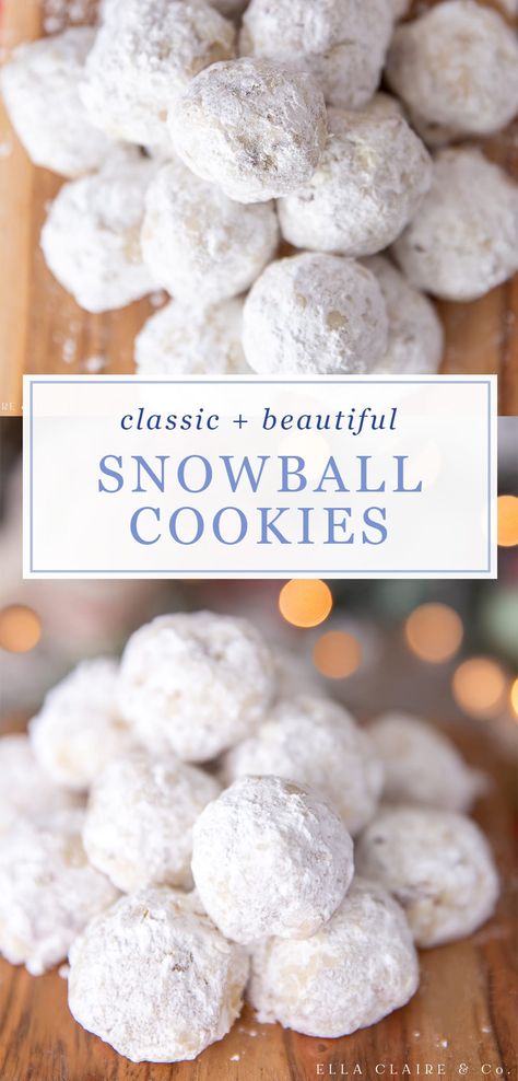 Make these delicious and festive snowball cookies! A delicious butter pecan cookie dusted in powdered sugar, they are easy and adorable for the holidays! They look so pretty for neighbor gifts, added to plates of Christmas cookies, or cookie exchanges. Walnut Balls, Kolaczki Recipe, Snowball Cookie, Snowballs Recipe, Acorn Cookies, Pecan Cookie, Pecan Snowball Cookies, Snowball Cookie Recipe, Soft Gingerbread Cookies