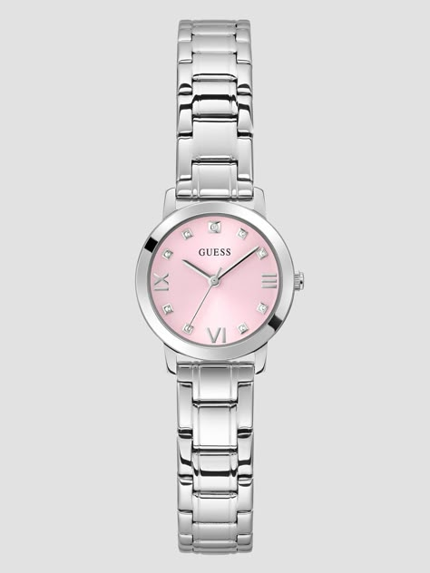 Simply elegant, this silver-tone watch is designed with a glossy pink dial featuring genuine diamond marker at the 12 o'clock hour and a polished steel bracelet. Guess Women Watches, Dope Jewelry Accessories, Silver Watches Women, Pink Watch, Luxe Jewelry, Dope Jewelry, Birthday Wish, Jewelry Essentials, Jewelry Lookbook