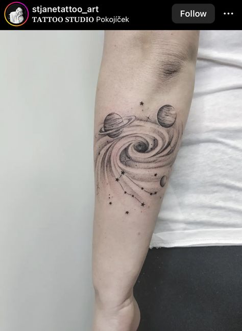 Planets Sleeve Tattoo, Astroid Tattoos, Spacetime Tattoo, Space Band Tattoo, Quantum Entanglement Tattoo, Tattoo Ideas Astronomy, Interstellar Tattoo Minimalist, Spiral Galaxy Tattoo, Space Tattoos Men