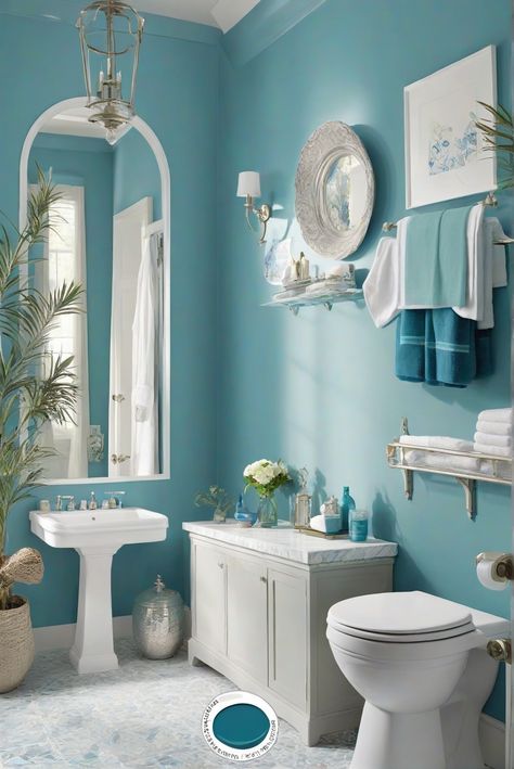 blue peacock, bathroom paint, wall paint, home decor Teal Bathroom Paint, Aqua Blue Bathroom, Peacock Bathroom, Blue Bathroom Paint, Bedroom Teal, Bathroom 2024, Teal Bathroom, Colorful Interior, Colorful Interior Design