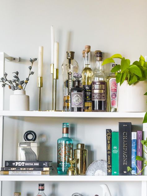 Boozy Gift Guide Cocktail Books | on Craftandcocktails.co Bar And Bookshelf, Bar Bookshelf Styling, Bar On Bookshelf, Bookshelf Styling With Alcohol, Mini Bar Shelf, Bookshelf Bar Cart, Bar Cart Books, Bar Shelves Styling, Styled Bar Shelves