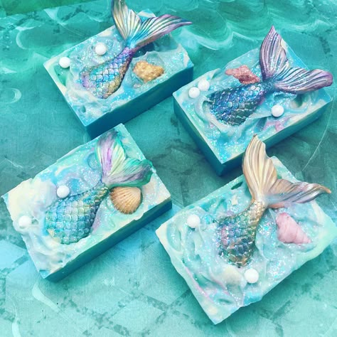 Cute Soap Bars, Kids Soap Ideas, Soap Carving Patterns, Easy Goat Milk Soap Recipe, Mermaid Products, Mermaid Soap Diy, Ocean Soap Foam, Mermaid Soap Dispenser, Mermaid Candle