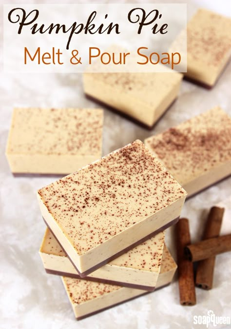 These creamy Pumpkin Pie Soaps smell just like the classic dessert. Real cinnamon and ground pumpkin seeds are added to exfoliate and smooth skin. Creamy Pumpkin Pie, Soap Queen, Diy Soap Recipe, Soap Melt And Pour, Diy Soaps, Soap Making Recipes, Melt And Pour Soap, Soap Ideas, Melt And Pour