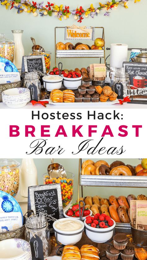 Remove the Hostess Stress of meals! Create this unbelievably easy Breakfast Bar/Buffet Hack! Make morning simple with fun decor, food ideas to please hungry families & friends. Including paleo, bright line and gluten-free food alternatives! Perfect for sleepover parties, brunch, and holiday crowds. Diy Breakfast Bar, Easy Breakfast Bar, Diy Breakfast, Brunch Bar, Bar Buffet, Buffet Party, Breakfast And Brunch, Breakfast Party, Brunch Buffet