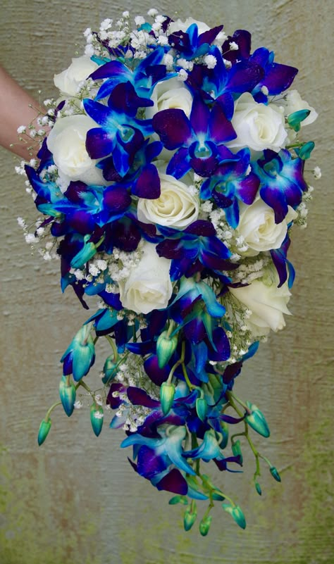 Blue Orchid Wedding Bouquet, Purple Orchid Bouquet, Blue Orchid Bouquet, Blue And Purple Orchids, Blue Orchid Wedding, Wedding Crystals, Orchid Bridal Bouquets, Blue Orchid Flower, Orchid Bouquet Wedding