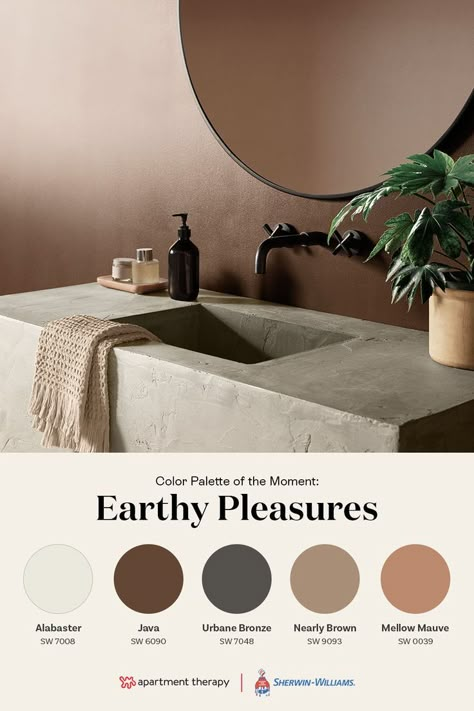 Earthy Bathroom Ideas Natural Rustic, Earthy Color Palette Bathroom, Earthy Home Palette, Rustic Earthy Bathroom, Earthy Paint Palette, Earth Bathroom Ideas, Earthy Interior Design Colour Palettes, Earthy Color Palette Bedrooms, Earthy Tone Bathroom