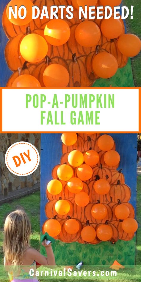 Fall Festival Game Idea - Pop-a-Pumpkin! Grab the FREE Pattern Download too! Carnival Fall Games, Fall Fair Ideas Carnival Games, Pumpkin Balloon Pop Game, Pumpkin Toss Game Ideas, School Harvest Festival Games, Pop The Pumpkin Game, Pumpkin Patch Activities Fall Festivals, Pop A Pumpkin Game, Games For A Fall Festival