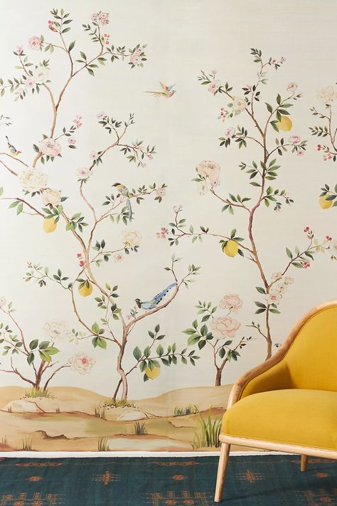 Chinoiserie Mural, Lily Wallpaper, Chinoiserie Art, Sandberg Wallpaper, Chinoiserie Wallpaper, Statement Wall, Unique Wallpaper, Wood Console Table, Baby Girl Nursery