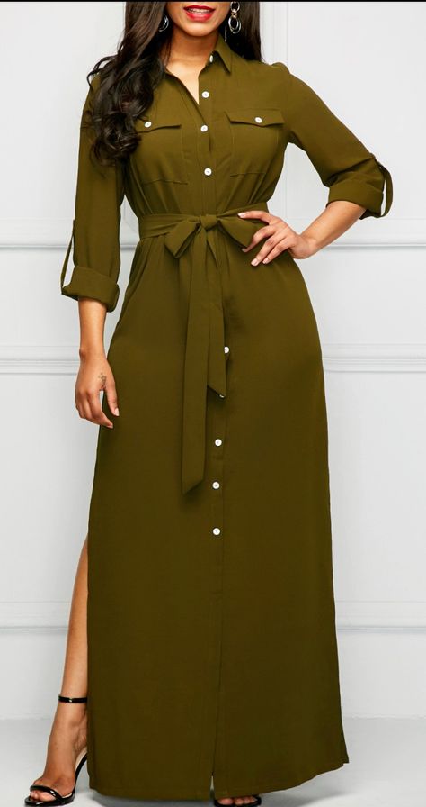 Robes Army Dress, Green Shirt Dress, Fashion Dresses Online, Classy Dress Outfits, Maxi Dress Online, Blouse Tops, Long Shirt Dress, African Fashion Dresses, Maxi Dress With Sleeves