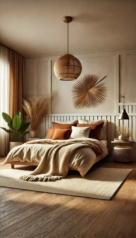 Transform your sanctuary with this cozy home bedroom refresh! Soft neutral tones, natural textures, and stylish decor pieces create a serene atmosphere. Perfect inspiration for a calming retreat. #BedroomDesign #HomeRefresh #InteriorDecor 🌿🛏️💫 Bohemian Bedroom Decor Small Room, Luxe Boho Bedroom, Neutral Bedroom Colours, Different Wood Tones In One Room, Tulum Condo, Main Bedroom Decor Ideas, Warm Toned Bedroom, Bedroom Neutral Decor, Cozy Home Bedroom