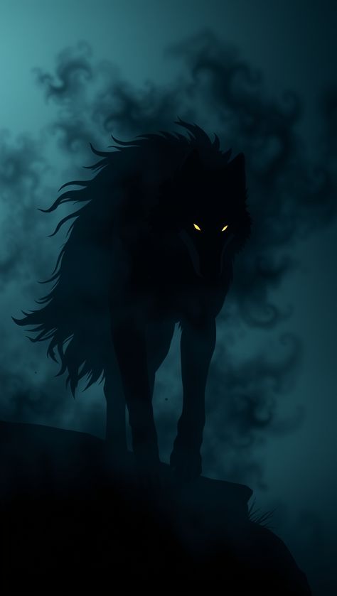 A wolf made of dark, swirling shadows, blending into the night and leaving a trail of mist as it moves. Three Shadows Aesthetic, Black Wolf With Gold Eyes, Shadow Creature Aesthetic, Shadow Wolf Fantasy Art, Wolf Horse Hybrid, Dark Fey Aesthetic, Fantasy Shadow Creature, Dark Creatures Shadows, Shadow Werewolf