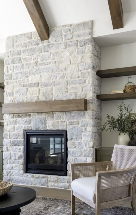 Shelves Around Fireplace, Grey Stone Fireplace, White Stone Fireplaces, Stone Veneer Fireplace, Mantel Styling, Stacked Stone Fireplaces, Fireplace Stone, Scandi Interiors, Coastal Interior