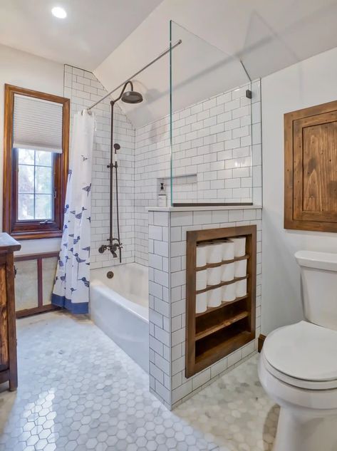 white-on-white-bathroom-with-wood-storage Tudor Bathroom, Restroom Remodel, Bathroom Redesign, Bathroom Remodel Shower, Bathroom Remodel Designs, Upstairs Bathrooms, Bathroom Redo, Tiny Bathroom, Bathroom Layout