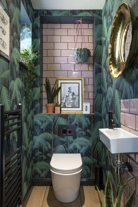 Welcome to the jungle. 🤘 Photo via @real_homes. #bathroomdecor #bathroomdesign #diybathroomwalldecor Understairs Toilet, Small Bathroom Styles, Small Downstairs Toilet, Toilet Ideas, Cloakroom Toilet, Tropical Interiors, Zebra Wallpaper, Downstairs Cloakroom, Toilet Room Decor