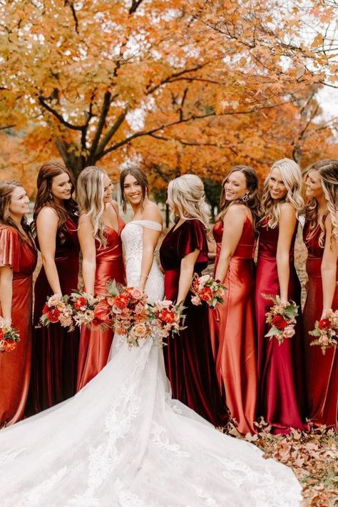 Maroon Bridesmaid Dresses, Bridal Parties Colors, Fall Wedding Bridesmaids, Wedding Colors Red, Orange Bridesmaid, Fall Bridesmaids, Orange Bridesmaid Dresses, Bridesmaids Dress Inspiration, Fall Bridesmaid Dresses