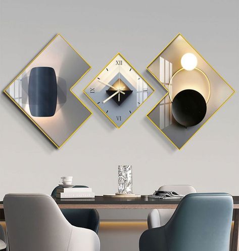 This set of wall clocks not only indicates the time but also is a good choice for decorating a home. Practicality and beauty coexist. It is the perfect design embodiment of contemporary art, suitable for the living room, bedroom, and dining room.Features:【Contemporary Design】Its striking design effortlessly blends vibrant colors, exuding a c...#Fusion #A #InteriorDesign #and #Home #Decor #Exploring #Modern #Style #HomeDecorating #HomeStyle #Functionality #HouseGoals #of #Trends #InteriorInspo Clock And Photo Wall Decor, Show Piece Ideas For Home, Large Wall Clock Decor Ideas, Gold Decor Living Room, Wall Watch Design, Wall Dining Room Decor, Room Paneling, Aesthetic Home Gym, Dinning Room Wall Art