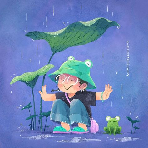 Rain Illustration, Hat Illustration, Book Illustration Design, Frog Hat, Frog Illustration, 동화 삽화, Illustration Art Kids, Art Mignon, Picture Books Illustration