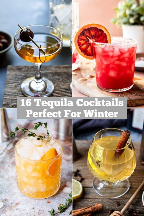 Tequila lovers take note!! 16 tequila cocktails that are perfect for sipping in the colder months! All cocktail recipes are included. Wine And Tequila Drinks, Tequila Cooking Recipes, Tajin Cocktail Recipes, Easy Tequila Mixed Drinks, Signature Tequila Cocktail, Casa Amigos Tequila Recipes, Patron Reposado Recipes, New Years Drinks With Tequila, Cute Tequila Cocktails