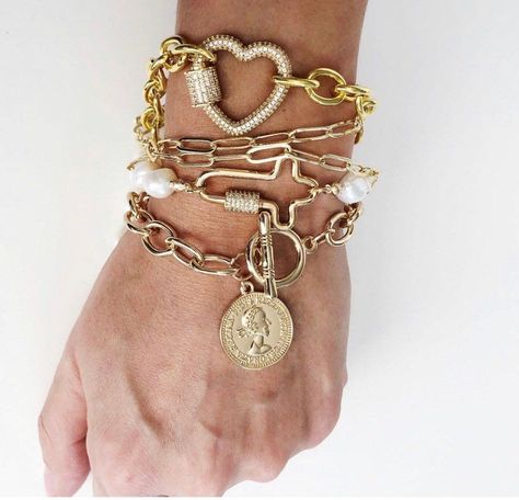 Bold Chunky Chain Bracelet, Carabiner bracelet, Layering Bracelet, Vintage Style Gold Statement Bracelet, Big Links Bracelet |  unique husband and wife tattoos ideas Love Bracelet Stack, Carabiner Bracelet, Heart Carabiner, Homemade Jewellery, Bracelet With Pearls, Jewelry Stacking, Bracelet Layering, Cute Ear Piercings, Chunky Jewelry