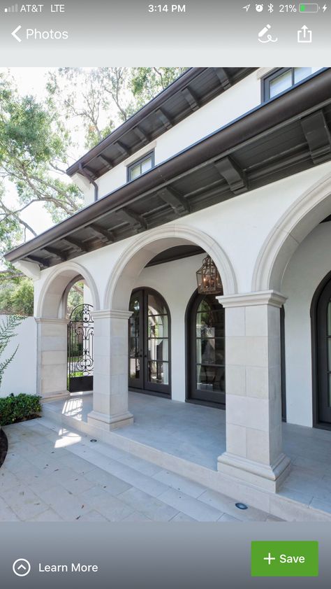 Update Colonial House Exterior Columns, Arches In Homes Exterior, Arched Front Porch Columns, Mediterranean Columns, Updated Colonial Exterior, Porch Arch, Entryway Arch, Columns Design, Garden Entryway