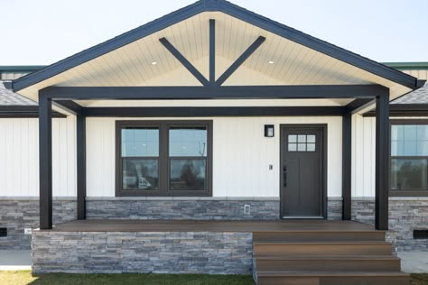 Grey And White Mobile Home Exterior, Front Porch Modular Home, Modular Home Back Porch Ideas, Manufactured Home Addition, Mobile Home Concrete Porch, Manufactured Home Interior Design, Double Wide Remodel Exterior, Manufactured Home Remodel Exterior, Front Porch Mobile Home