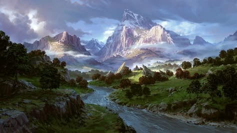 Mountain Valley, Location Inspiration, Landscape Concept, Fantasy Places, Environment Art, Dnd Art, Art Landscapes, Fantasy Art Landscapes, Mountain Art