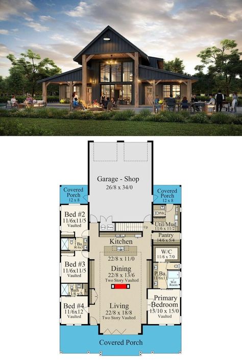 Open Floor Plan One Level House, One Story Barndominium Floor Plans 4 Bedroom, Open Floor Plan Living Room And Kitchen Barndominium, Floor Plans With Vaulted Living Room, Floor Plans Barndominium Open Concept, Double Height Kitchen Design, Cathedral Ceiling Floor Plans, Open Floor Plan 4 Bedroom One Story, Barndo With Big Windows